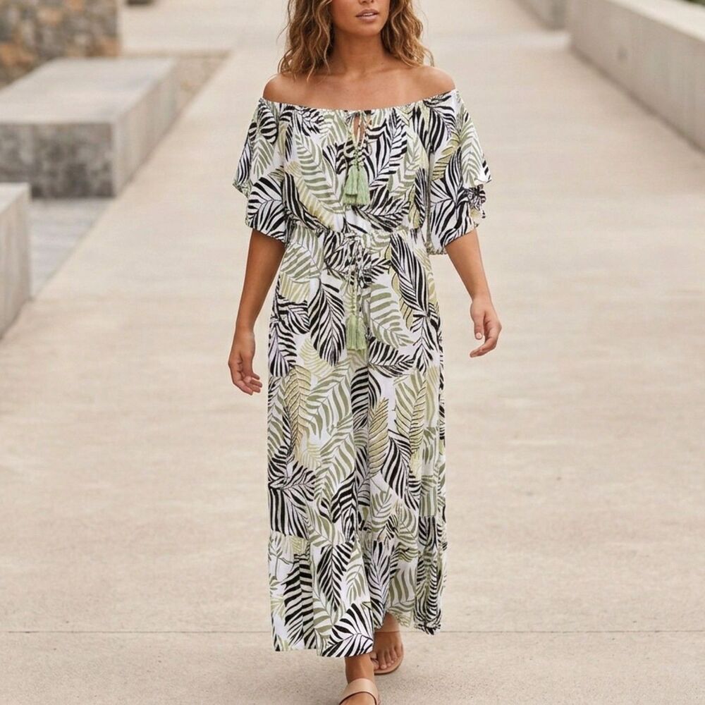 Off The Shoulders Maxi Dress Casual Beachy Vacation Travel Ruffles Tropical Leaf